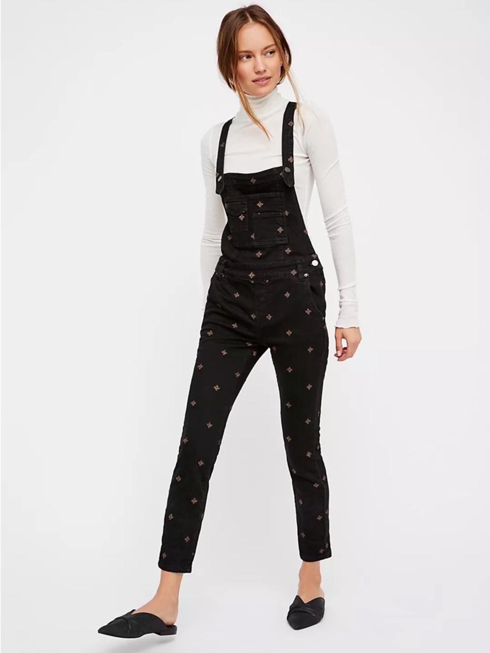 Free People We The Free Embroidered Black Denim Dungarees Overalls Size 31